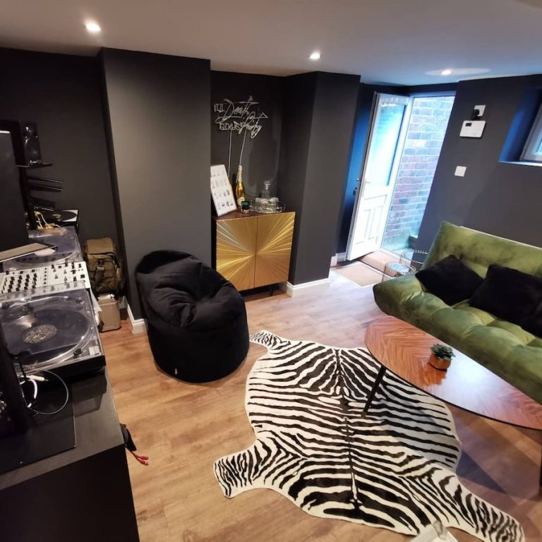 basement music studio conversion Leeds with professional equipment and lounge area