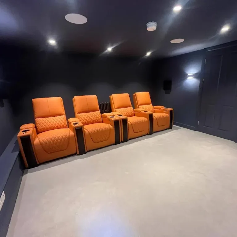 home cinema room basement conversion Roundhay Park Leeds with leather seating and recessed lighting